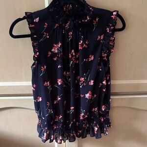 J. Crew Black and Pink Floral Ruffle Blouse